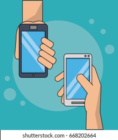 color background with smartphones sharing information