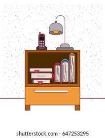 color background with sparkles nightstand with phone lamp and books vector illustration