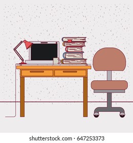 color background with sparkles work place office interior with tech laptop and stack books vector illustration
