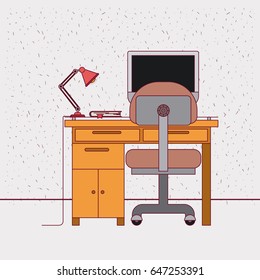 color background with sparkles and work place home office interior with book vector illustration
