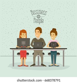 color background with sparks of teamwork sitting in desk with tech devices business people vector illustration