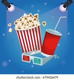 color background spotlights with popcorn pack and soda with glasses 3D