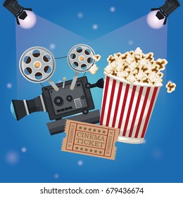 color background spotlights with ticket movie and popcorn bucket and movie film projector
