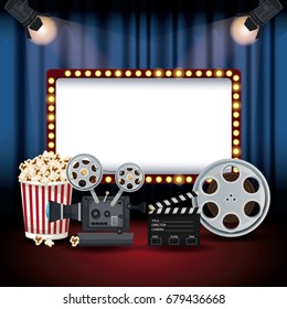 color background stage cinema curtain with spotlights and billboard banner with elements film movie