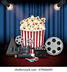 color background stage cinema curtain with spotlights and elements film movie