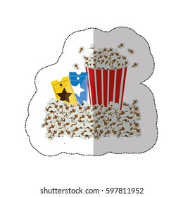 color background sticker with popcorn container and movie tickets vector illustration