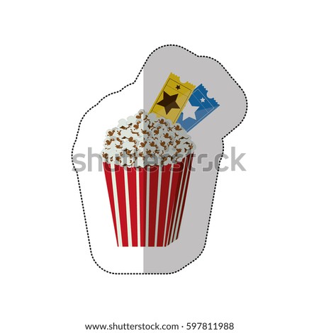 color background sticker of popcorn container with movie tickets inside vector illustration