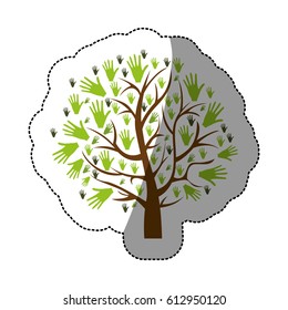 color background sticker of tree with leaves in shape of hands vector illustration