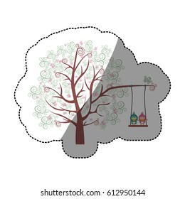 color background sticker of tree with leaves and birds in swing vector illustration