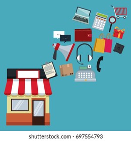 color background with store with awning and icons online shopping floating