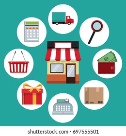 color background with store with awning and online shopping elements in circular frames around