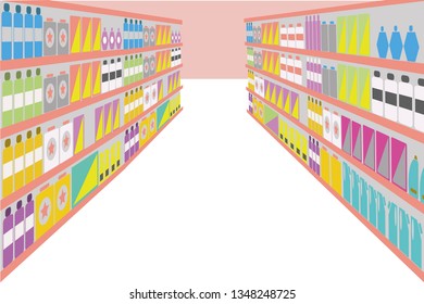 Color background. Store shelves with presented goods. Perspective view.  Retail.