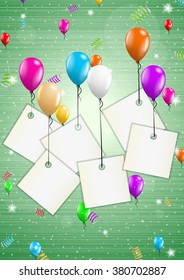 color background with stripes and balloons and falling confetti and paper labels