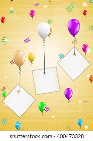 color background with stripes and balloons and falling confetti and paper labels