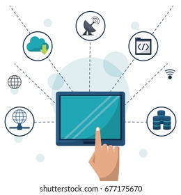 color background with tablet in closeup and network connections and apps around