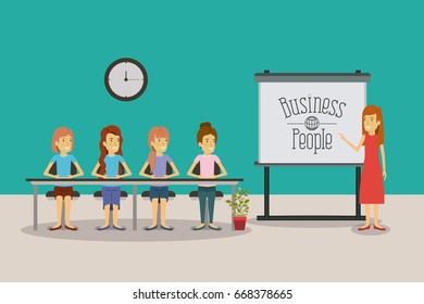 color background women group sitting in a desk for executive female in presentacion business people vector illustration