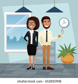 color background workplace office full body set pair of woman curly hair and bearded man characters for business