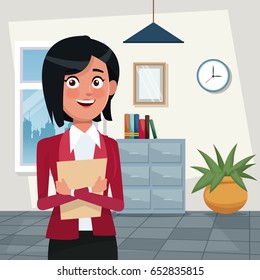 color background workplace office half body elegant executive woman short hairstyle with folder