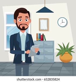 color background workplace office half body bearded man characters for business with tablet