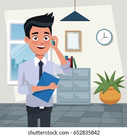 color background workplace office half body young man characters for business with folder and talk with cellphone