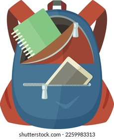 Color backpack with tablet and notepad. Student bag cartoon icon