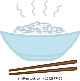 Color badge, blue plate with hot rice and chopsticks for websites or applications.