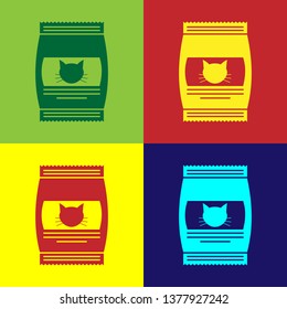 Color Bag of food for cat icon isolated on color backgrounds. Food for animals. Pet food package. Vector Illustration
