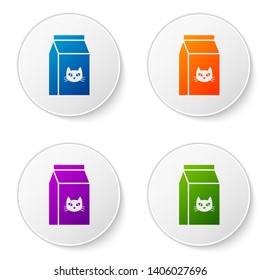 Color Bag of food for cat icon isolated on white background. Food for animals. Pet food package. Set icons in circle buttons. Vector Illustration