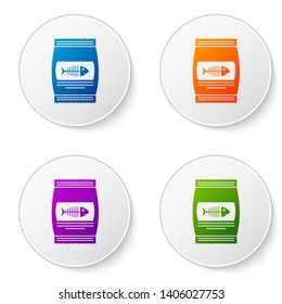 Color Bag of food for cat icon isolated on white background. Fish skeleton sign. Food for animals. Pet food package. Set icons in circle buttons. Vector Illustration