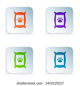 Color Bag of food for dog icon isolated on white background. Dog or cat paw print. Food for animals. Pet food package. Set icons in colorful square buttons. Vector Illustration