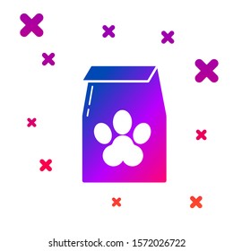 Color Bag of food for pet icon isolated on white background. Food for animals. Pet food package. Dog or cat paw print. Gradient random dynamic shapes. Vector Illustration