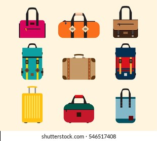 Color Bags icon vector set. Backpack, handbag, suitcase, briefcase, messenger bag.