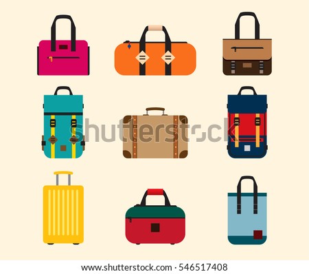 Color Bags icon vector set. Backpack, handbag, suitcase, briefcase, messenger bag.