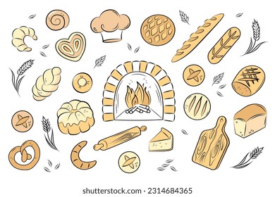 Color bakery, bread, croissant, bun, pie, wood-burning oven. A large vector set of doodle icons on white background.