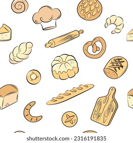 Color bakery, bread, croissant, bun, pie, rolling pin, chef hat. Vector seamless pattern of doodle icons on white background.