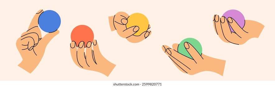 Color ball in hand. Trendy vector illustration. Index, middle, ring, little fingers and thumb