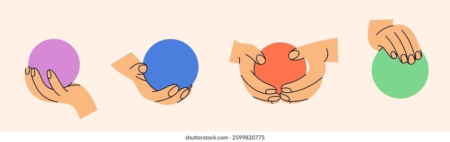 Color ball in hand. Trendy vector illustration. Index, middle, ring, little fingers and thumb