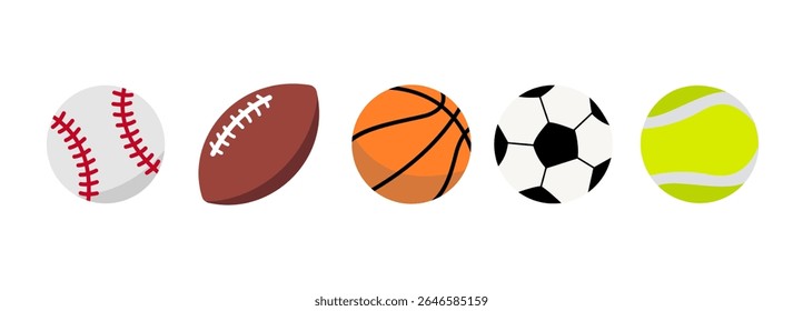color ball icons vector set. Football, basketball, tennis, soccer, baseball.