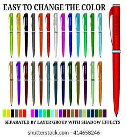 Color ball pens isolated on white background, vector illustration