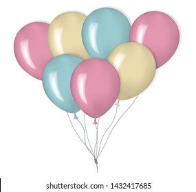 Color balloon bunch isolated on white background, realistic vector illustration. Flying glossy helium balloons.