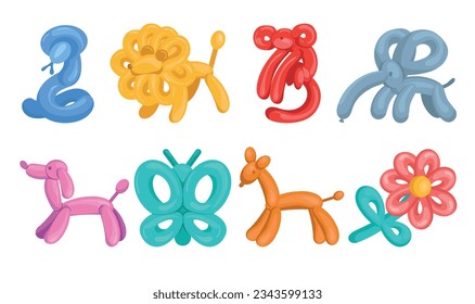 Color balloons in animals shape. Children inflatable toys. Air figures. Cartoon lion and snake. Helium inflated dog and elephant. Flower or monkey twisted forms. Splendid