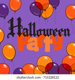Color balloons around text Halloween Party. Poster or invitation. Cartoon hand drawn vector illustration isolated on purple background.