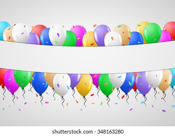 color balloons in center with falling color confetti and gray background