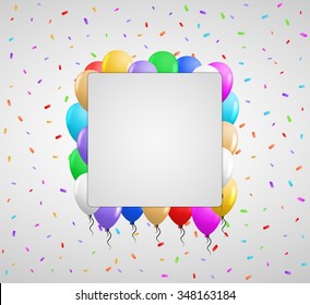 color balloons and color confetti with blank square paper in center