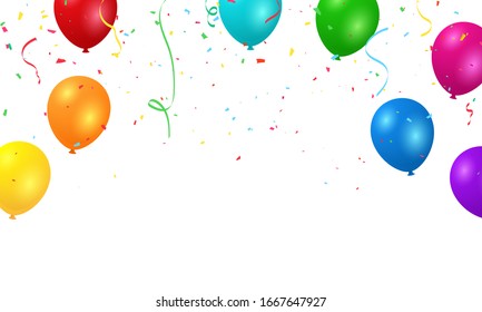 ballons de couleurs, confettis et modèle de conception de drapeau pour fêtes Joyeuses Fêtes, arrière-plan Célébration illustration Vectorielle.