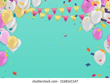 color balloons, confetti and with space for text - raster  design template holiday Happy Day, background Celebration Vector illustration.