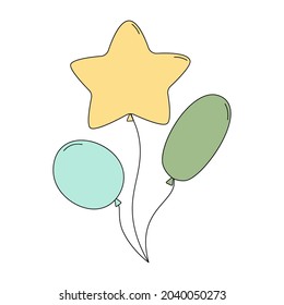 Color balloons in doodle style. Star shaped balloon. Vector illustration isolated on white background. Decoration for birthday, wedding, graduation or bachelorette