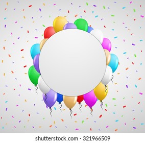 color balloons with falling confetti and blank badge