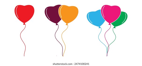 Color Balloons icon, vector, silhouette. Party balloon icons, symbols. Flying balloon with rope,  Flat icon for celebrate and carnival. Vector illustration.