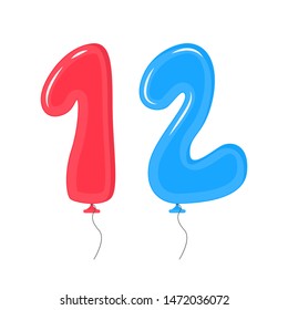 Color Balloons with Numbers Twelve Decoration Elements Set for Holiday, Anniversary and Party Symbol of Celebration. Vector illustration